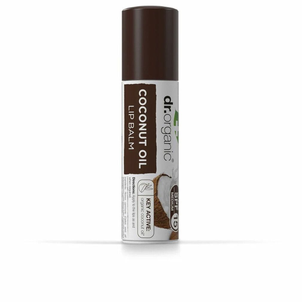Balsamo per labbra con tappo marrone. Scritta: Coconut Oil Lip Balm, SPF 15. Marchio: dr.organic. Illustrazione di cocco.