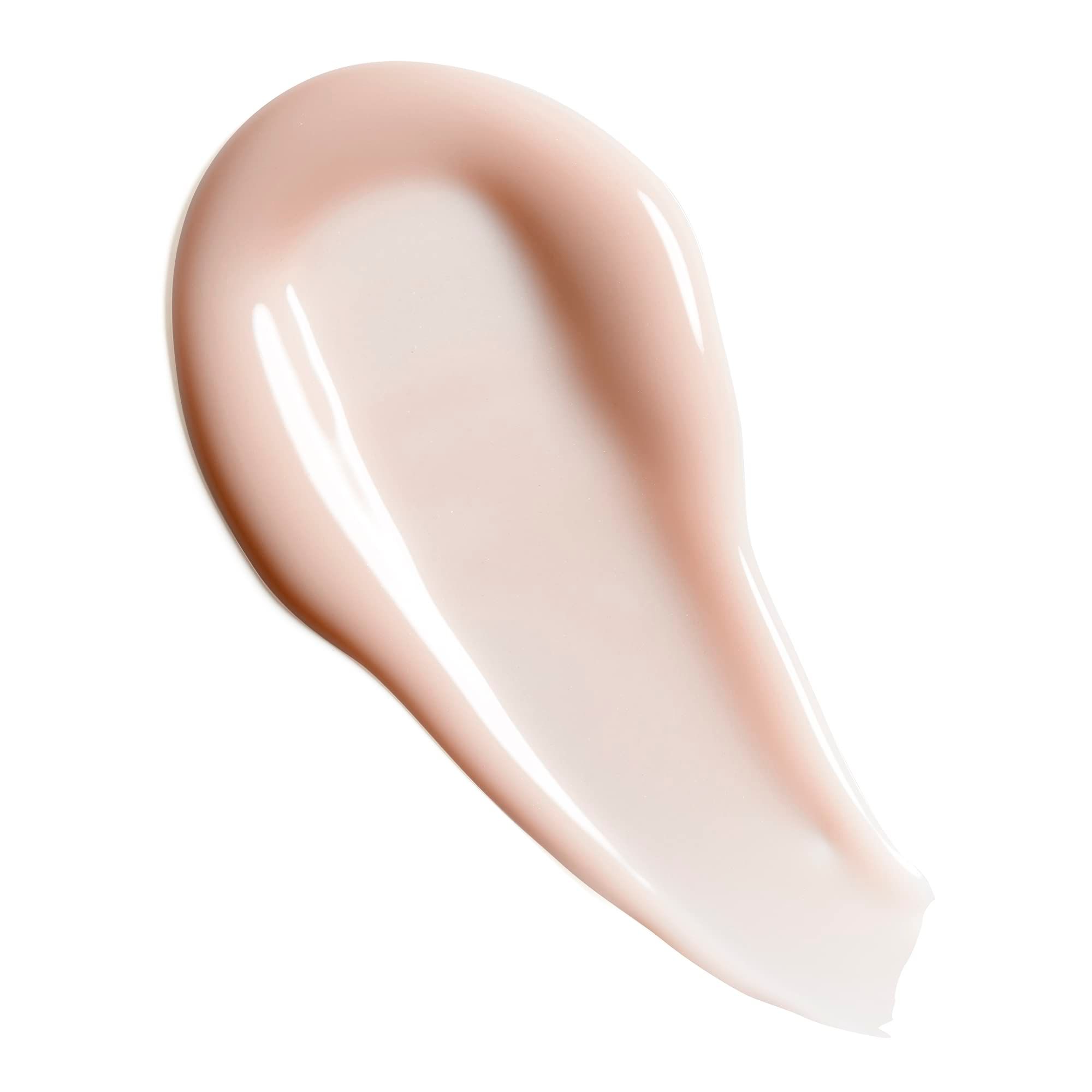 Campione di balsamo labbra colorato rosa. Texture lucida, colore chiaro. Su sfondo bianco.