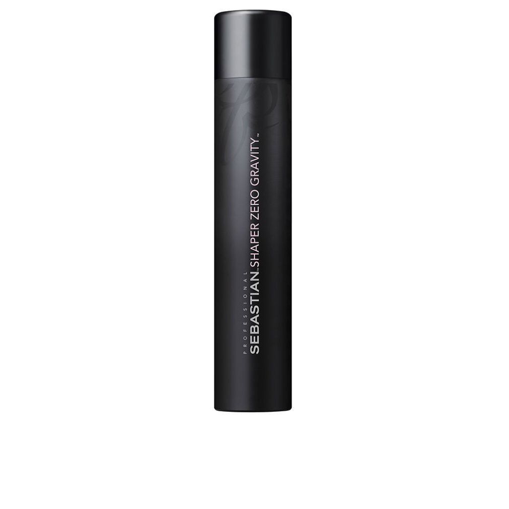 Bomboletta spray nera. Scritta: SEBASTIAN SHAPER ZERO GRAVITY. Forma cilindrica, tappo nero.