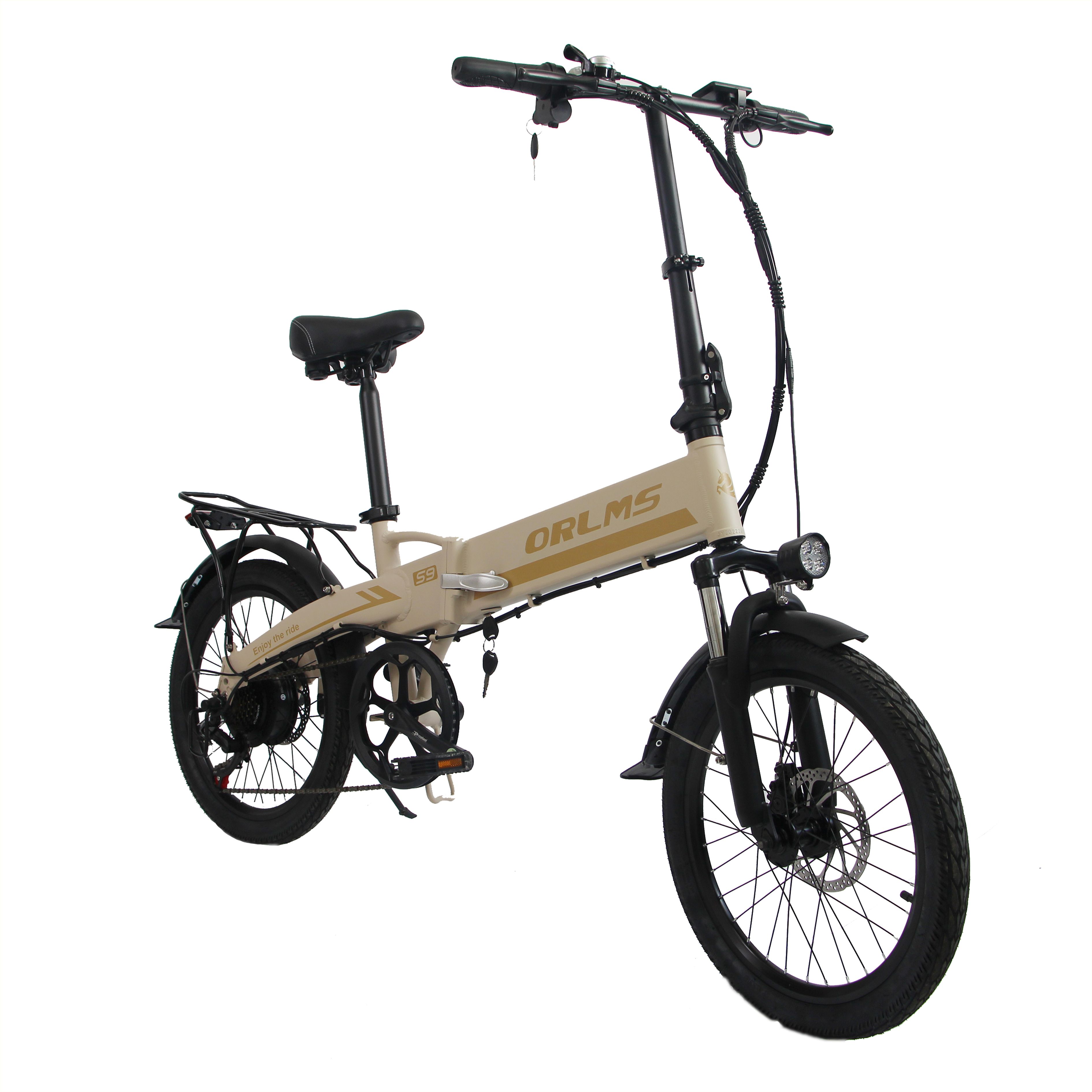 E-bike pieghevole beige e nero. Scritta ORLMS S9. Portapacchi, parafanghi, sella. Ruote da 20 pollici. Vista laterale.