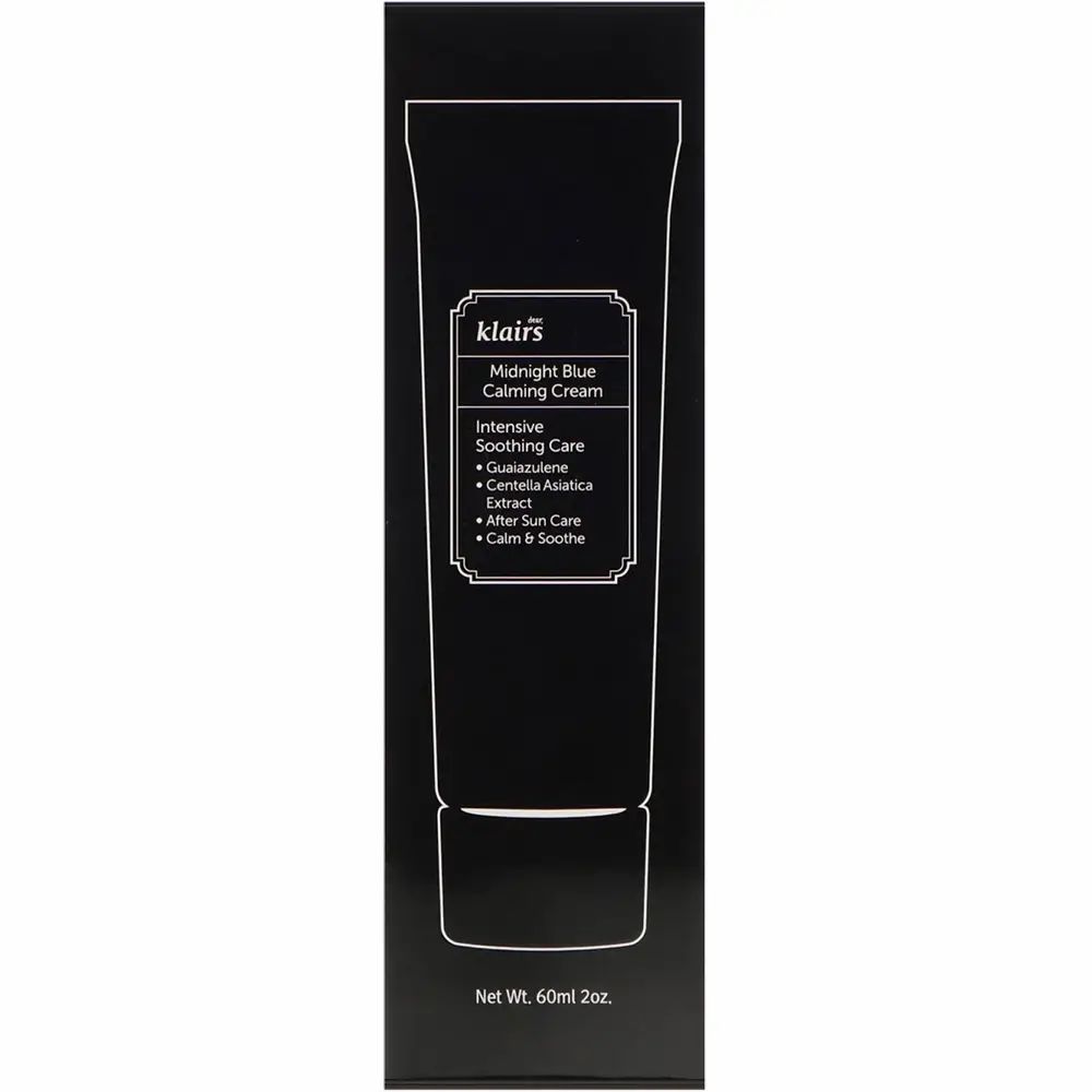 Confezione nera con disegno bianco del prodotto. Testo: Midnight Blue Calming Cream, 60ml 2oz. Marchio Klairs.