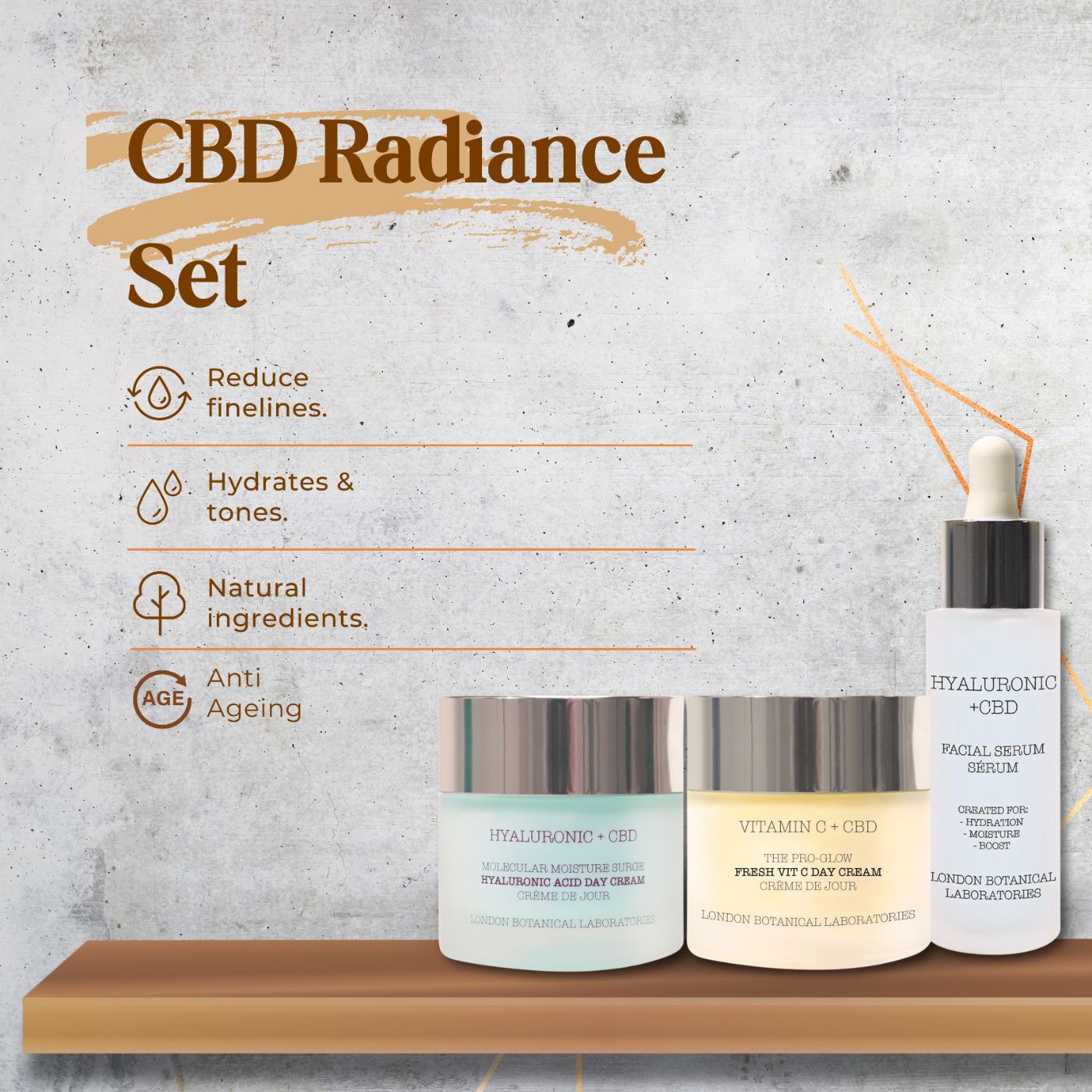 Set per la cura del viso su una mensola. Contiene tre prodotti: due creme e un siero. Testo: CBD Radiance Set, London Botanical Laboratories.