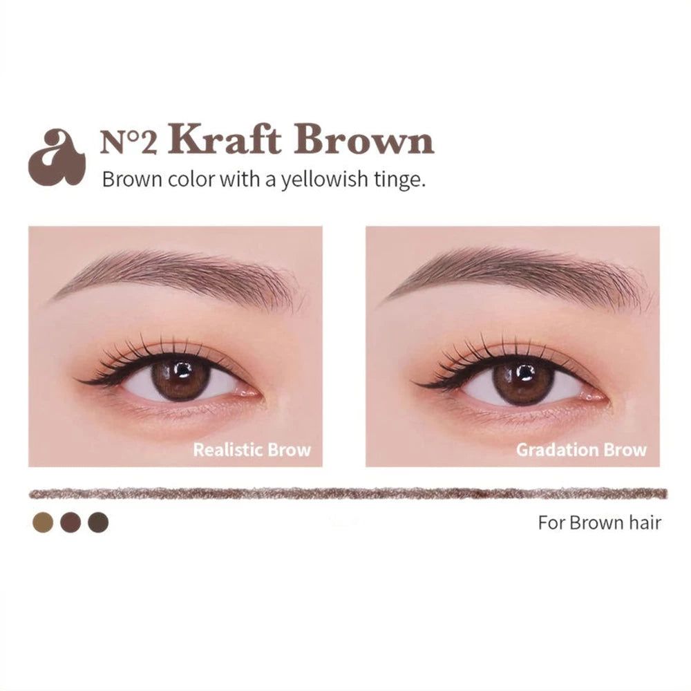 Esempio di matita per sopracciglia. Due occhi mostrano diversi look di sopracciglia. Tonalità: Kraft Brown. Testo: « For Brown hair ».