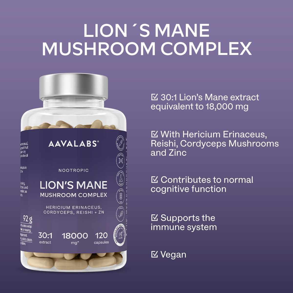 Flacone di capsule con testo e icone. Contiene Lion's Mane, Reishi, Cordyceps e Zinco. Vegano.