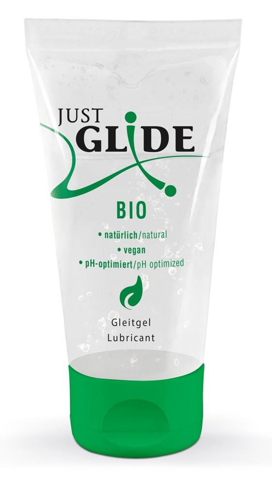 Gel lubrificante Just Glide Bio in tubo trasparente con tappo verde. Testo: "Gleitgel", "Lubricant".