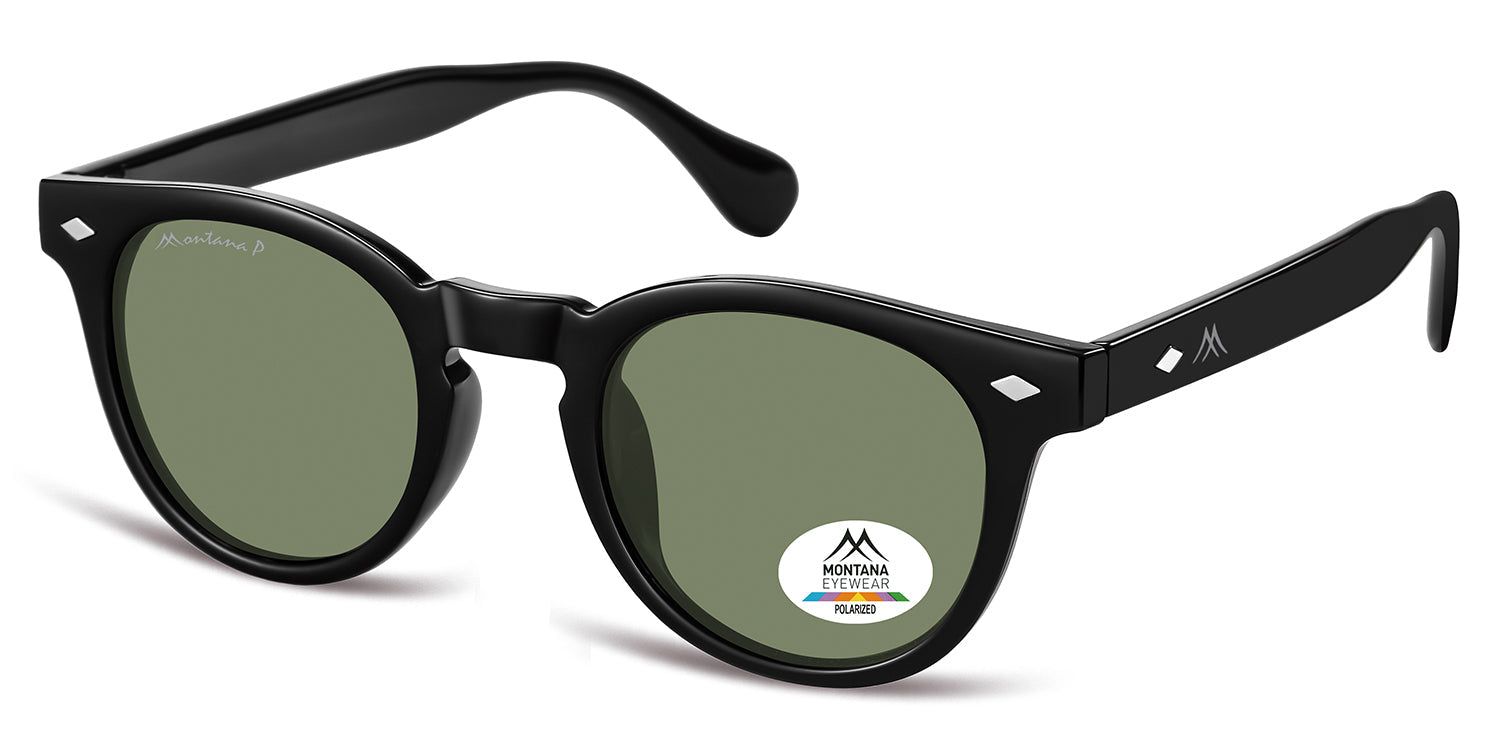 Occhiali da sole neri, vista laterale. Lenti rotonde, logo Montana Eyewear sulla stanghetta. Lenti polarizzate.