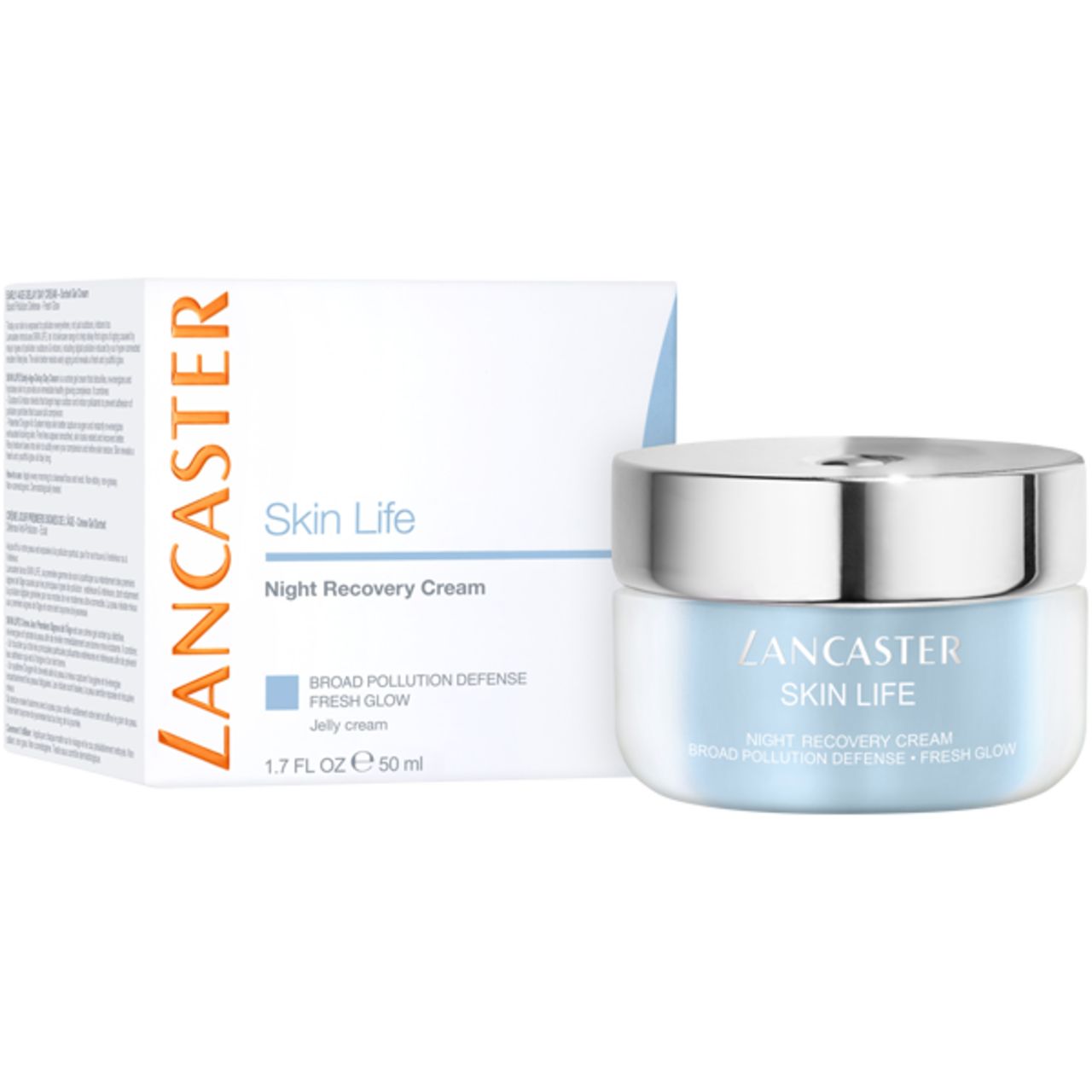 Vaso di crema e confezione. Scritta: Lancaster Skin Life Night Recovery Cream. 50 ml.