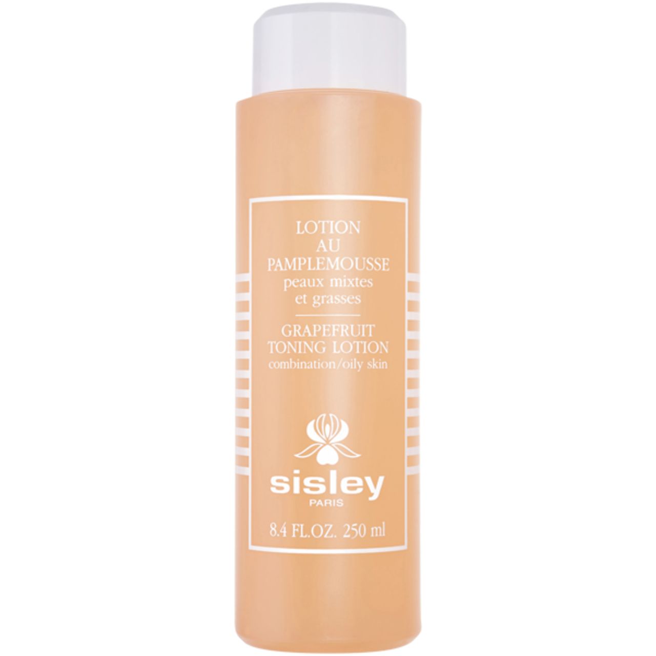 Flacone con tappo bianco. Scritta: Lotion au Pamplemousse, Sisley Paris. 250 ml.