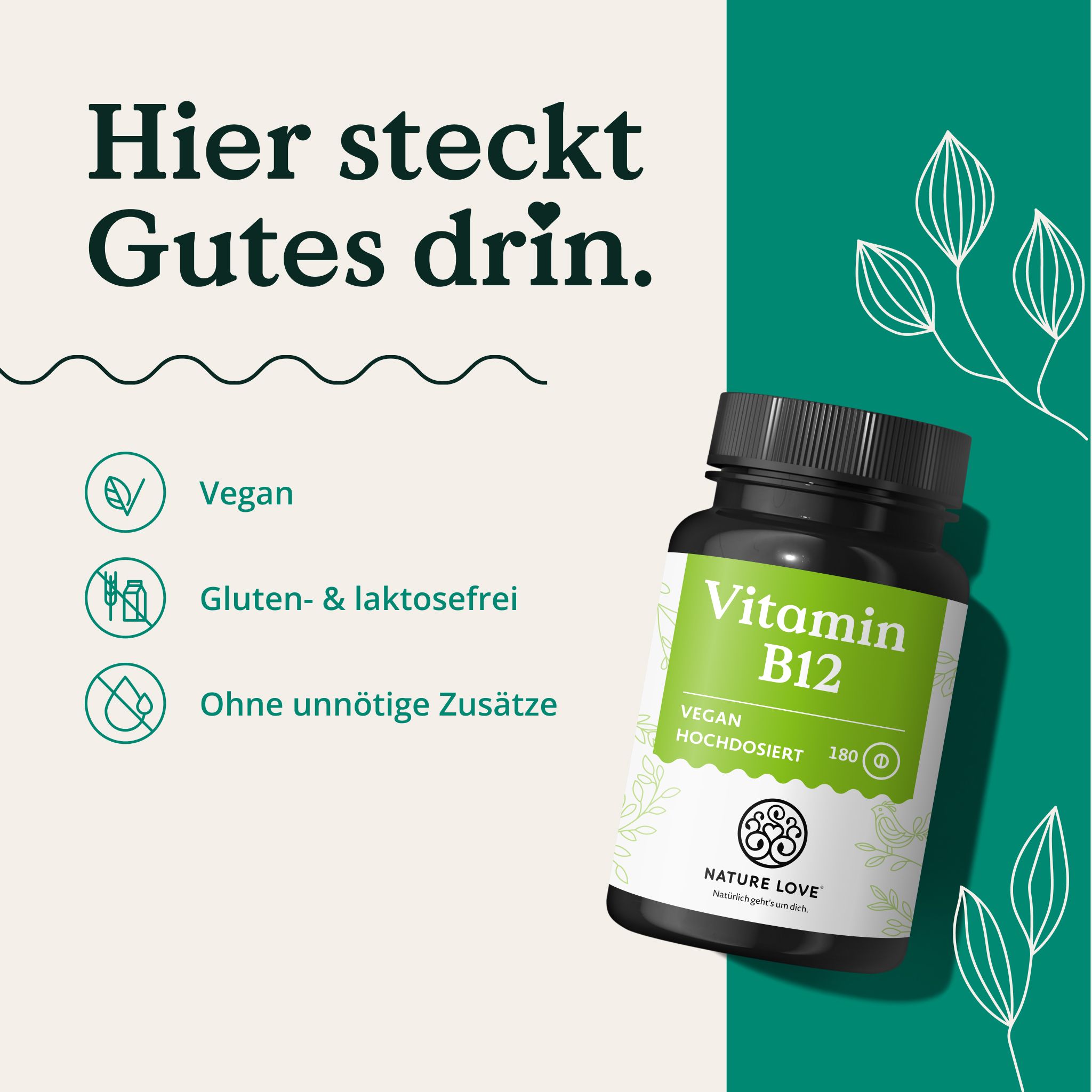 NATURE LOVE Vitamina B12: Vegano, senza glutine e lattosio, senza additivi inutili. 180 compresse.