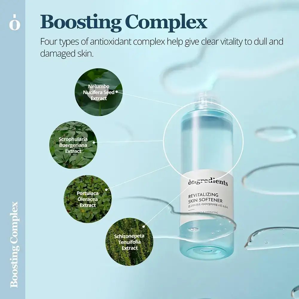 Flacone del prodotto con testo e grafica. Testo: òngredients, Revitalizing Skin Softener. Grafici che mostrano gli ingredienti e i loro effetti.