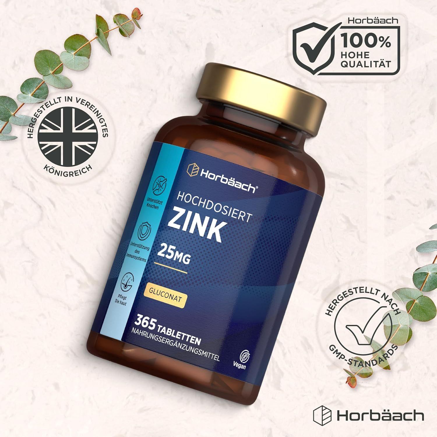 Flacone di compresse di zinco Horbaach ad alta dose. 25mg zinco. Standard GMP, 100% alta qualità. Prodotto nel Regno Unito. 365 compresse.