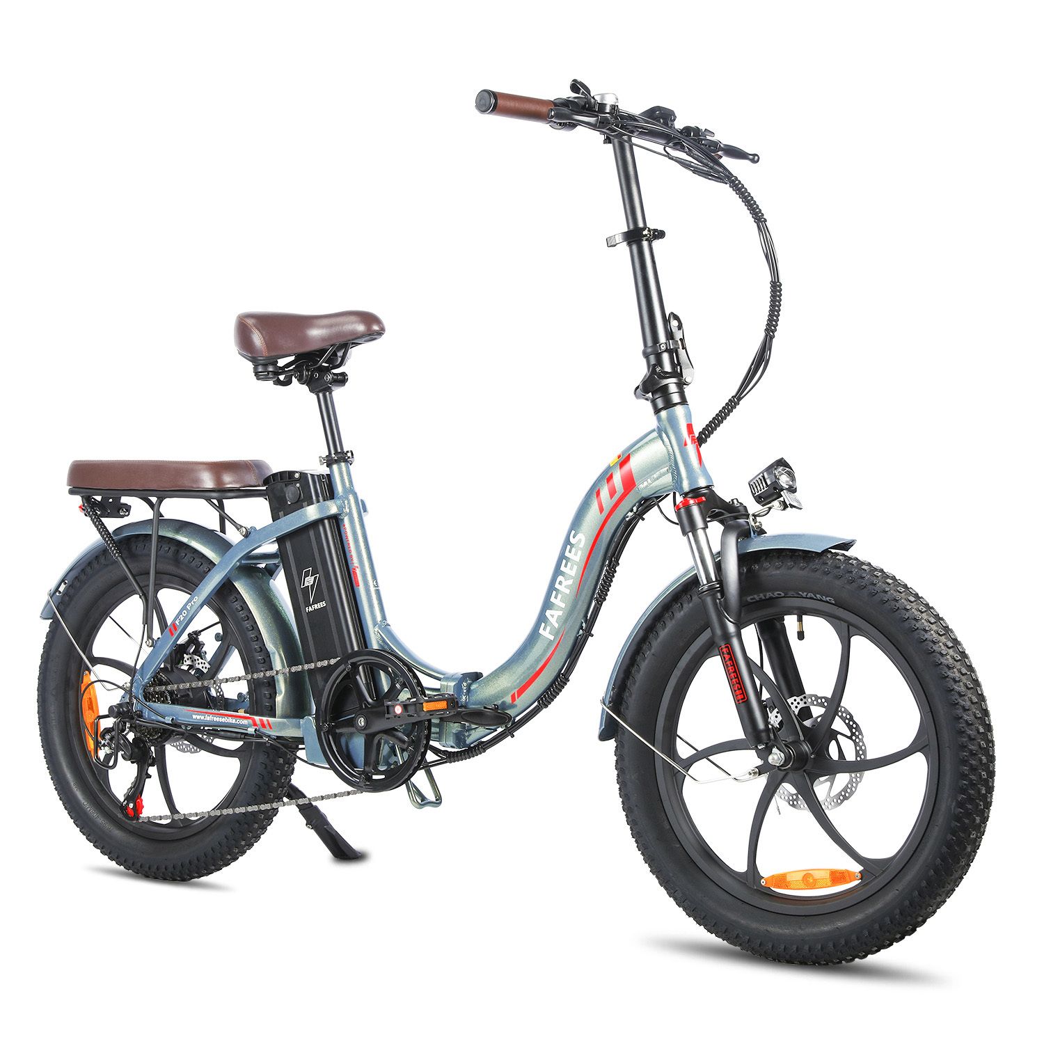 E-bike Fafrees F20 Pro, blu, sella marrone, pneumatici neri. Manubrio, faro anteriore, portapacchi.