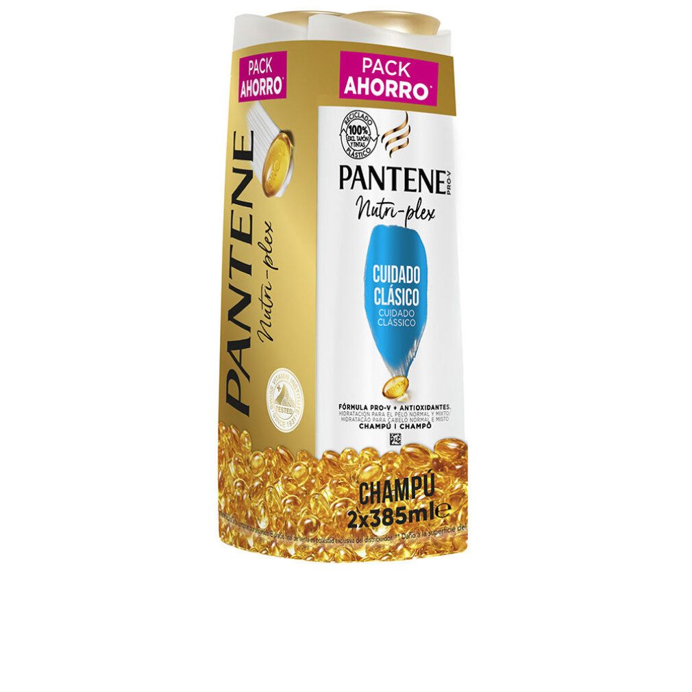 Confezione doppia di shampoo. Flaconi dorati e blu con nome e logo del prodotto. Scritta 'PACK AHORRO'.