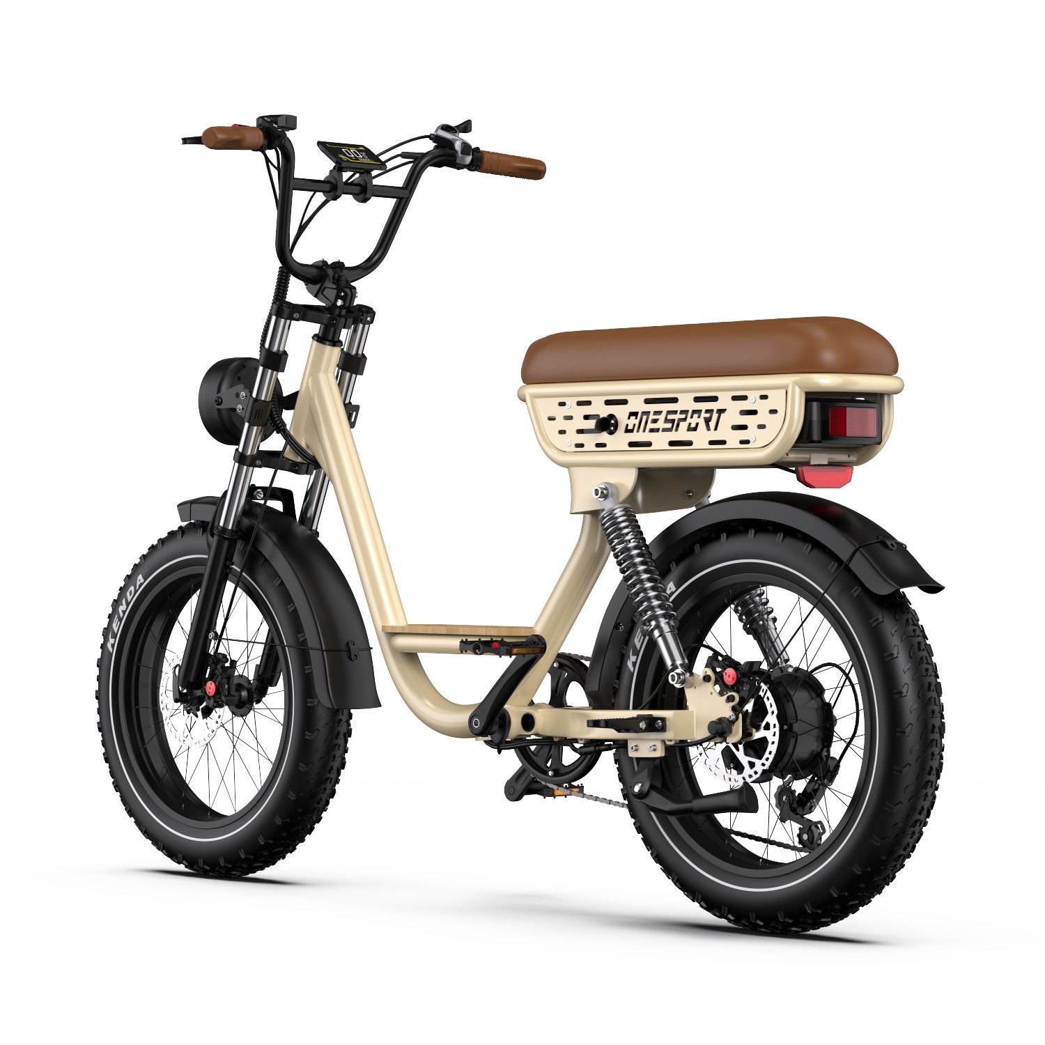 Bicicletta elettrica beige con sella marrone. Pneumatici, parafanghi e manubrio neri. Vista posteriore. Marca: ONESPORT.
