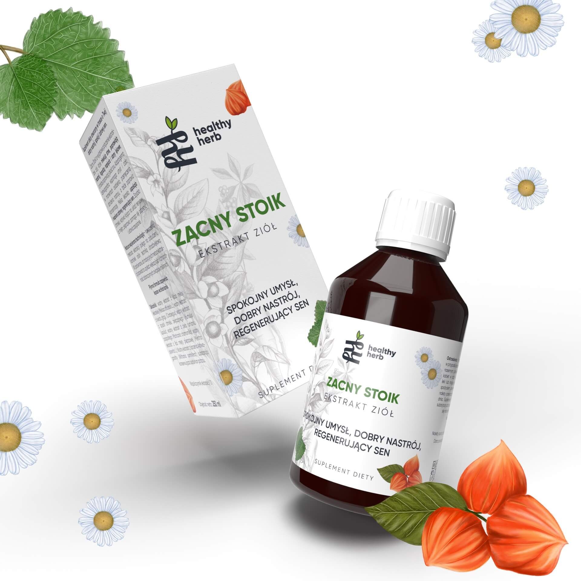 Liquido marrone in bottiglia con tappo bianco. Etichetta con testo. Scatola con logo e testo. Decorazione.