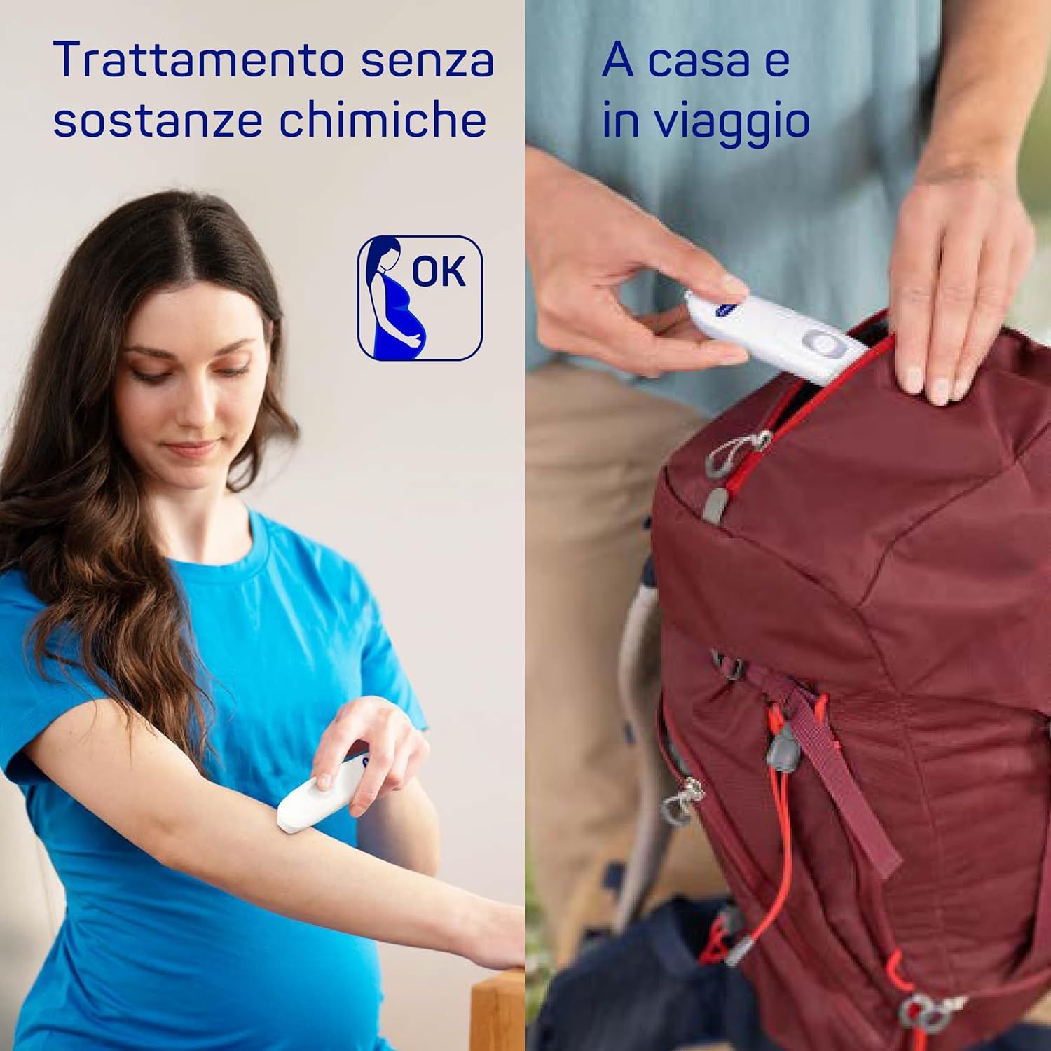 Donna incinta che usa un dispositivo bianco a forma di penna sul braccio. Zaino sullo sfondo.