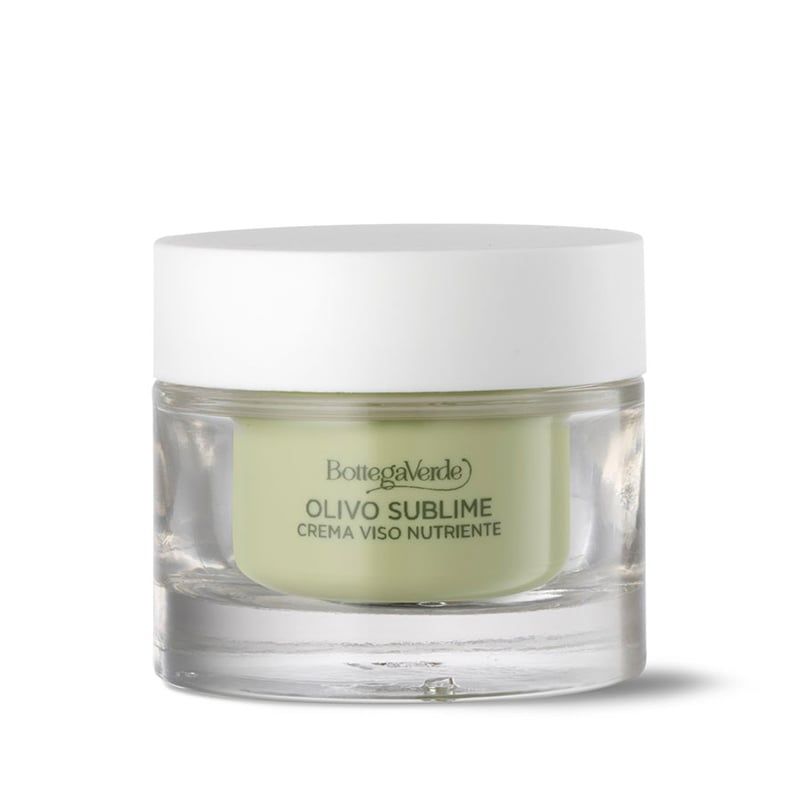 Vasetto in vetro con coperchio bianco. Scritta: Olivo Sublime Crema Viso Nutriente. Marchio: Bottega Verde.