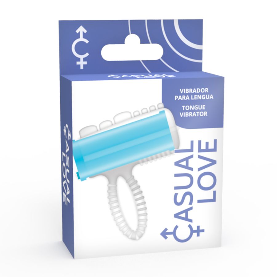 Un vibratore con cilindro blu e anello bianco, su una confezione con testo.