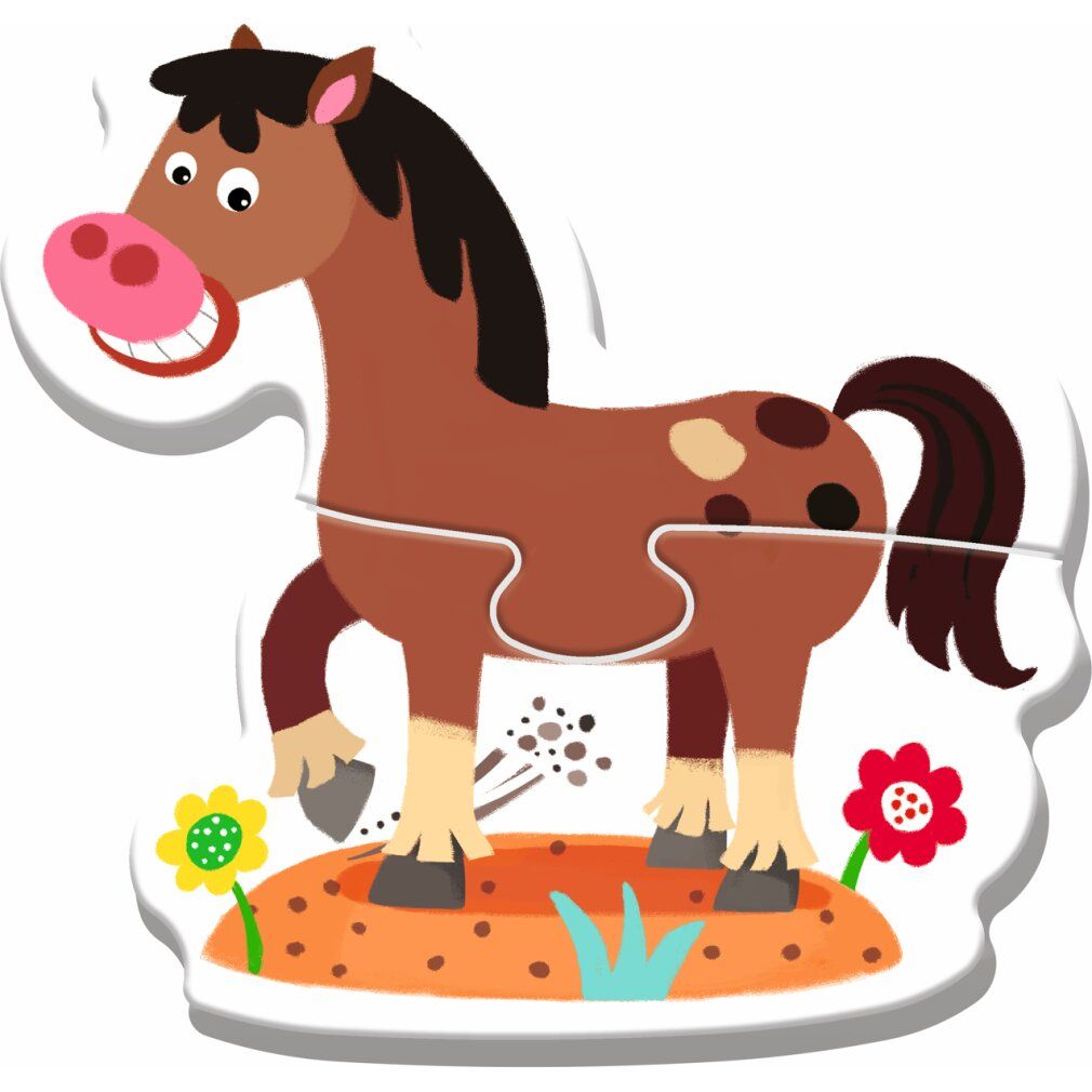 Pezzo di puzzle con cavallo. Cavallo marrone con macchie. 2 pezzi di puzzle. In piedi sulla sabbia.