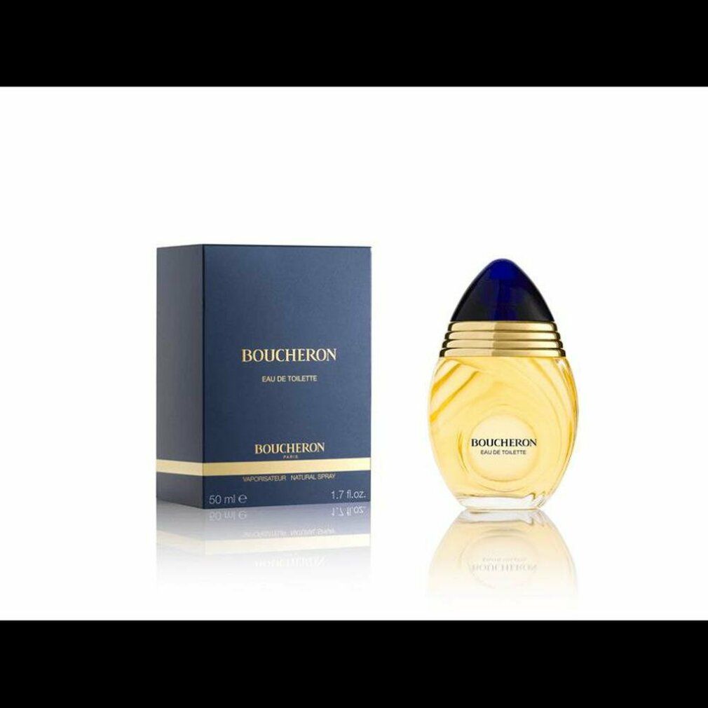 Flacone e scatola. Flacone giallo, tappo blu-oro. Scatola blu, testo dorato. "Boucheron Eau de Toilette".
