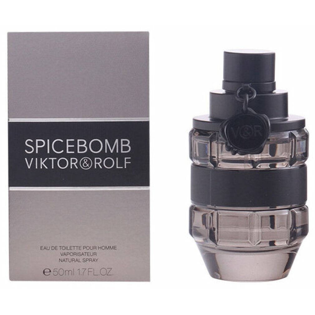 Flacone e confezione SPICEBOMB. Flacone a forma di granata, nero e trasparente. Scritta SPICEBOMB VIKTOR & ROLF.