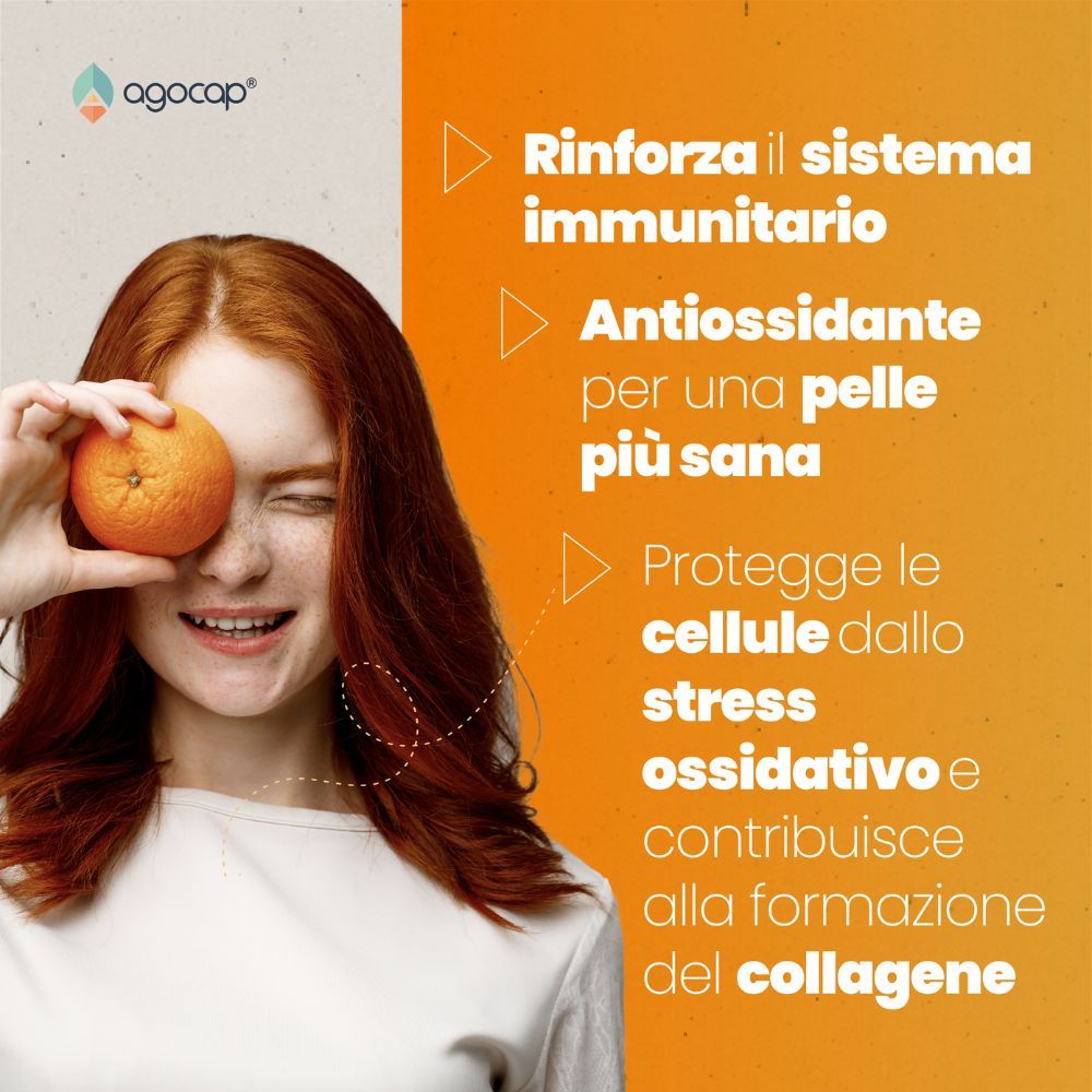 Donna con arancia. Testo: Rinforza il sistema immunitario. Antiossidante per una pelle più sana. Protegge le cellule.