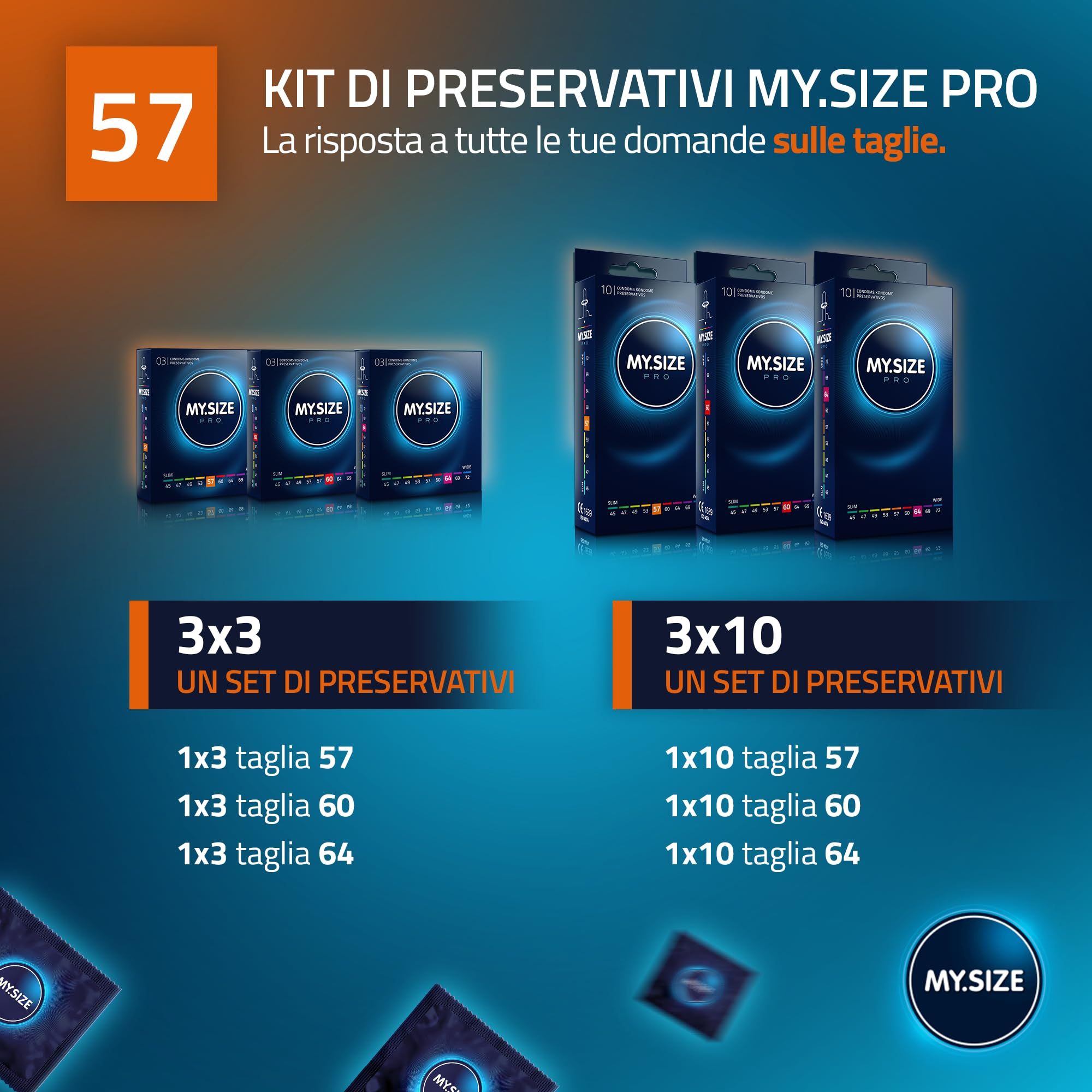 Kit My.Size PRO: confezioni 3x3 e 3x10. Misure 57, 60, 64 mm.