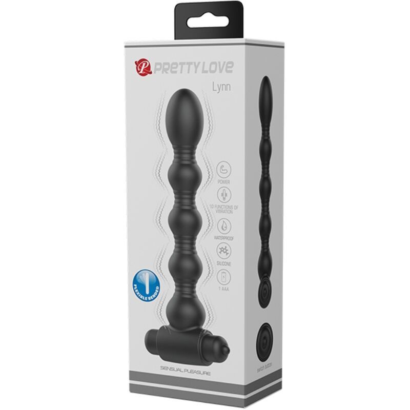 Confezione di Pretty Love Lynn. Plug anale nero con elementi sferici. Informazioni e logo sulla confezione.