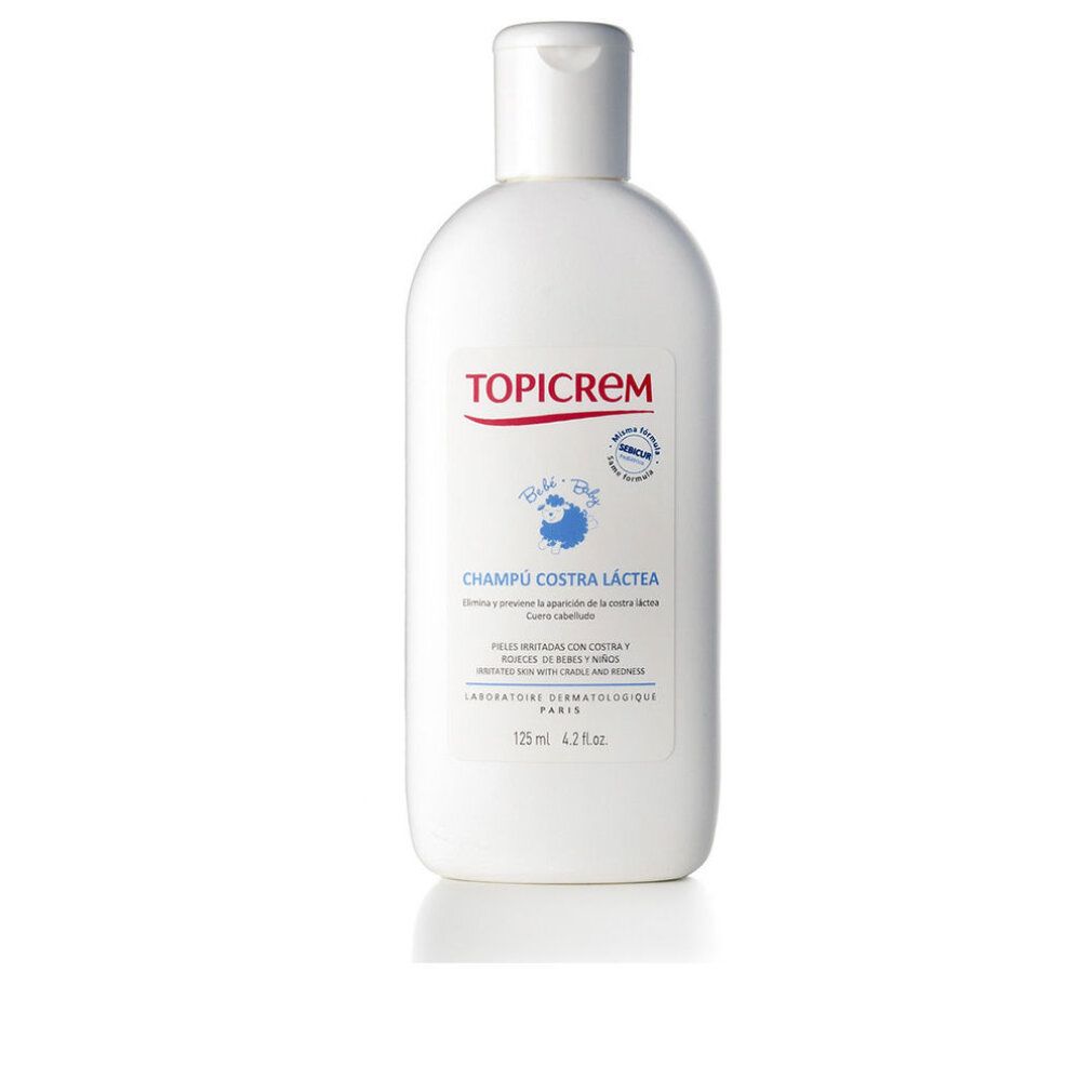 Flacone bianco con logo blu. Scritta: Topicrem, Champú Costra Láctea, 125 ml.