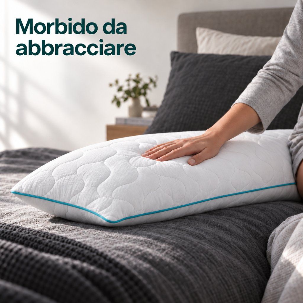 Cuscino bianco trapuntato con bordatura blu, toccato da una mano.