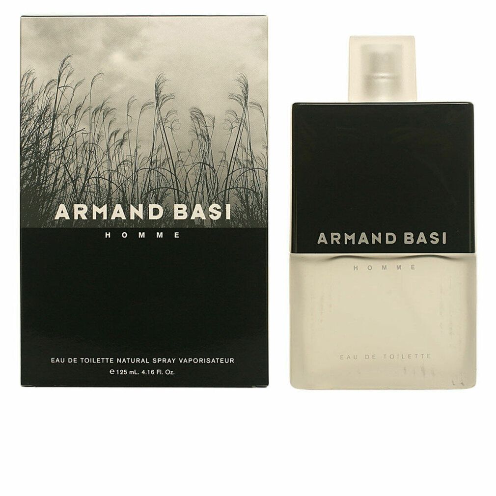 Eau de Toilette Armand Basi Homme. Flacone e confezione. Tappo nero, vaporizzatore trasparente. Confezione con motivo paesaggistico.