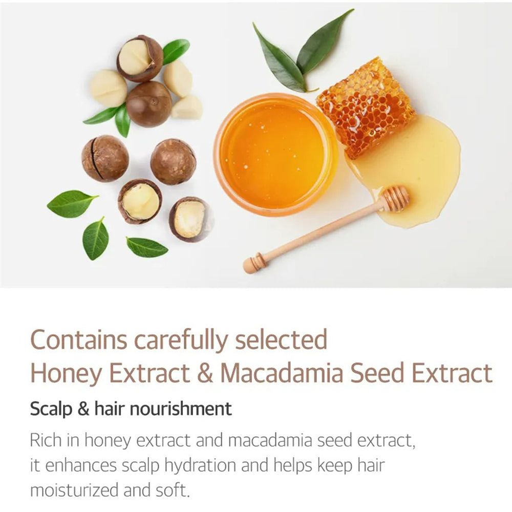 Ingredienti: noci di macadamia, miele in un barattolo e un pezzo di favo.