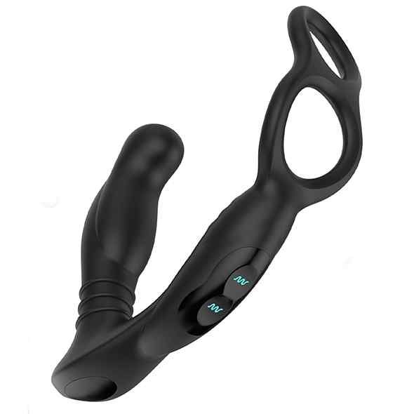 Prodotto benessere nero con due pulsanti e due anelli. Simboli a onda sui pulsanti. Forma curva.