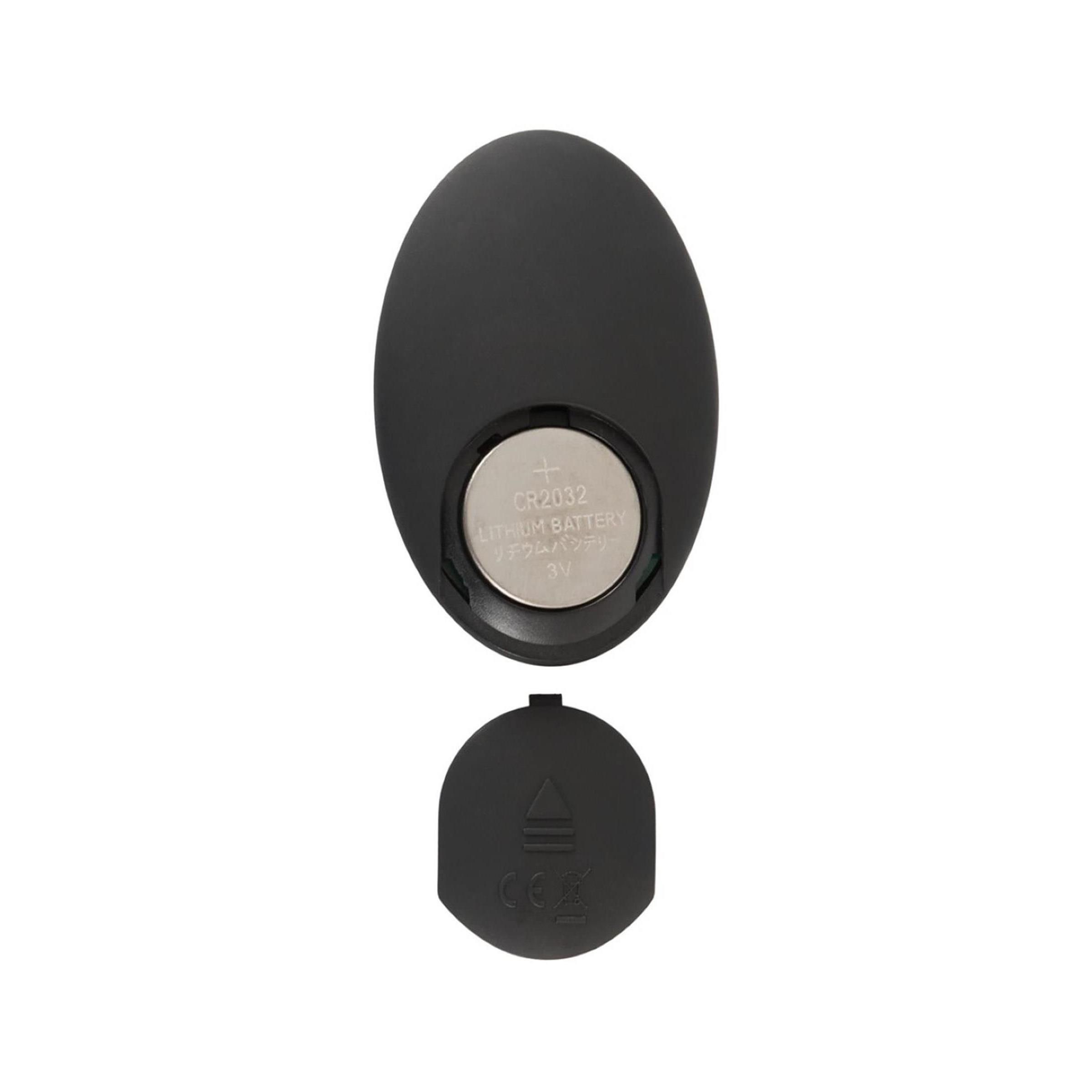 Retro di un telecomando nero. Vano batteria aperto, batteria visibile. Coperchio nero.