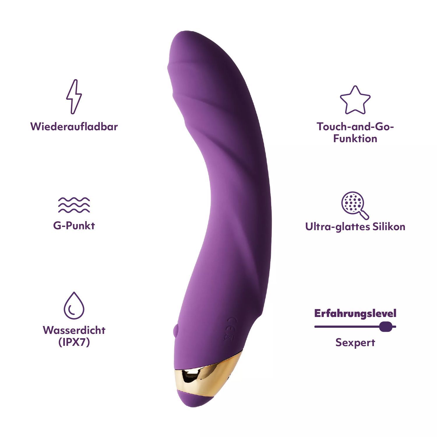 Vibratore viola con accento dorato, con icone per Ricaricabile, Punto G, Impermeabile (IPX7), Touch-and-Go, Silicone.