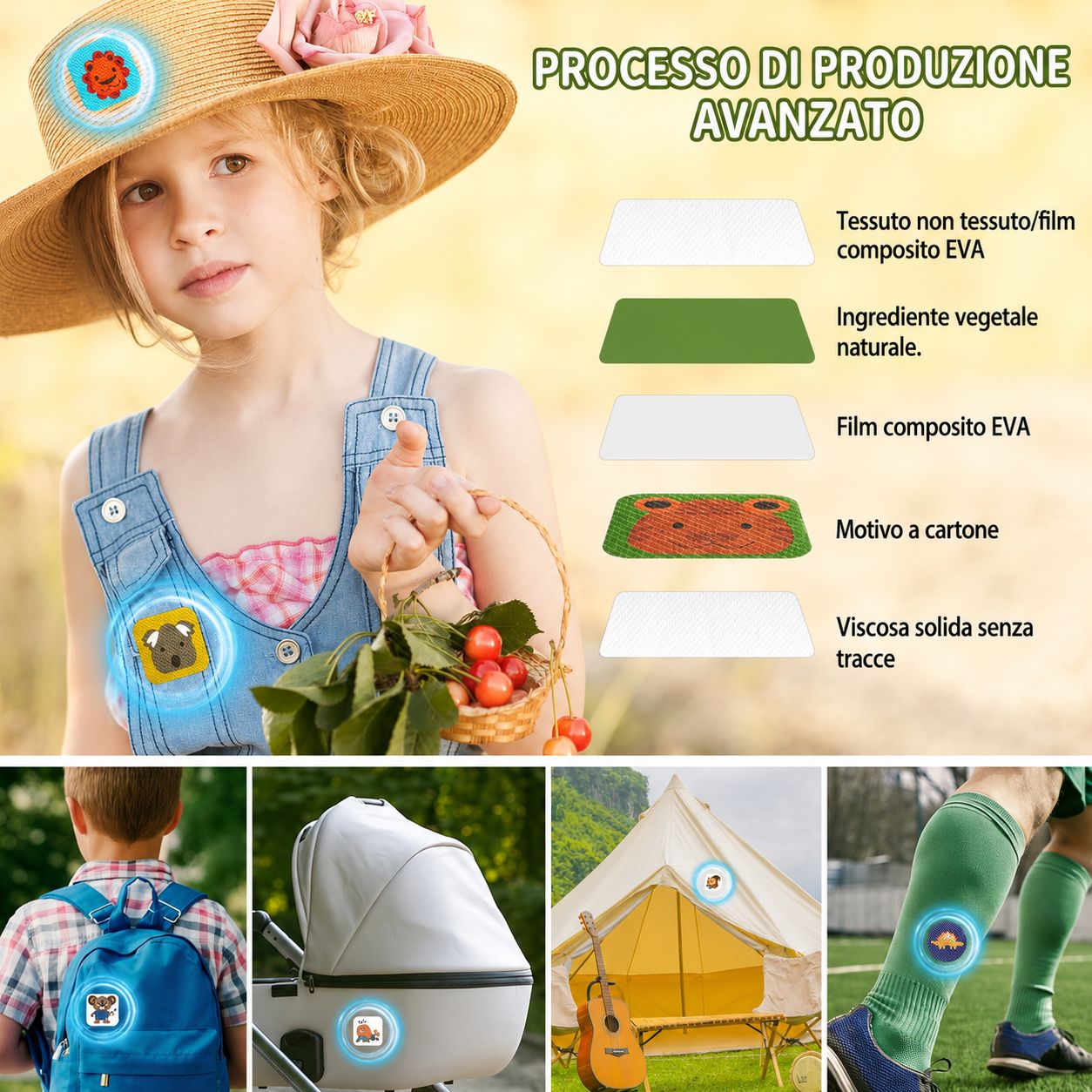 Bambino con cerotto antizanzare. Diagramma degli strati. Immagini di applicazioni: zaino, passeggino, tenda, gamba.
