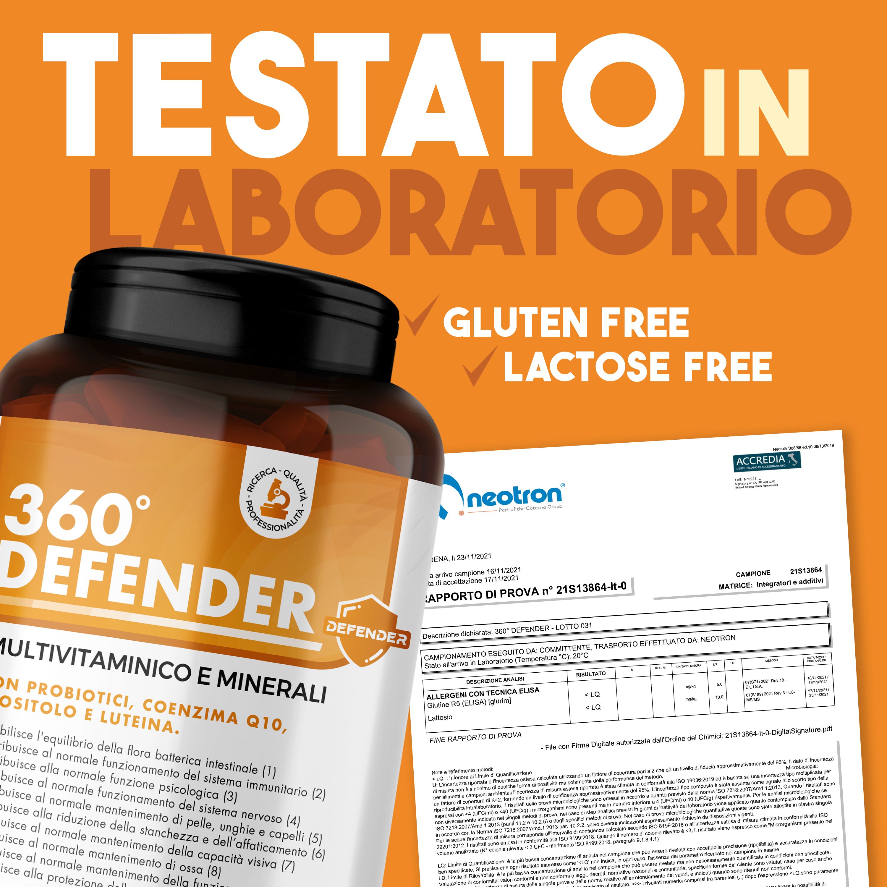 360° DEFENDER Multivitaminico. Flacone e rapporto di laboratorio. Senza glutine e senza lattosio. Certificazione Neotron.
