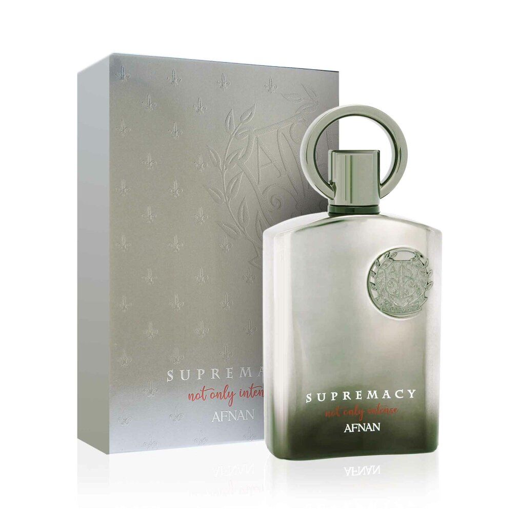 Flacone di profumo e scatola. Flacone grigio, forma arrotondata, tappo argentato. Scatola argentata con goffratura. Scritta: Supremacy, Afnan.