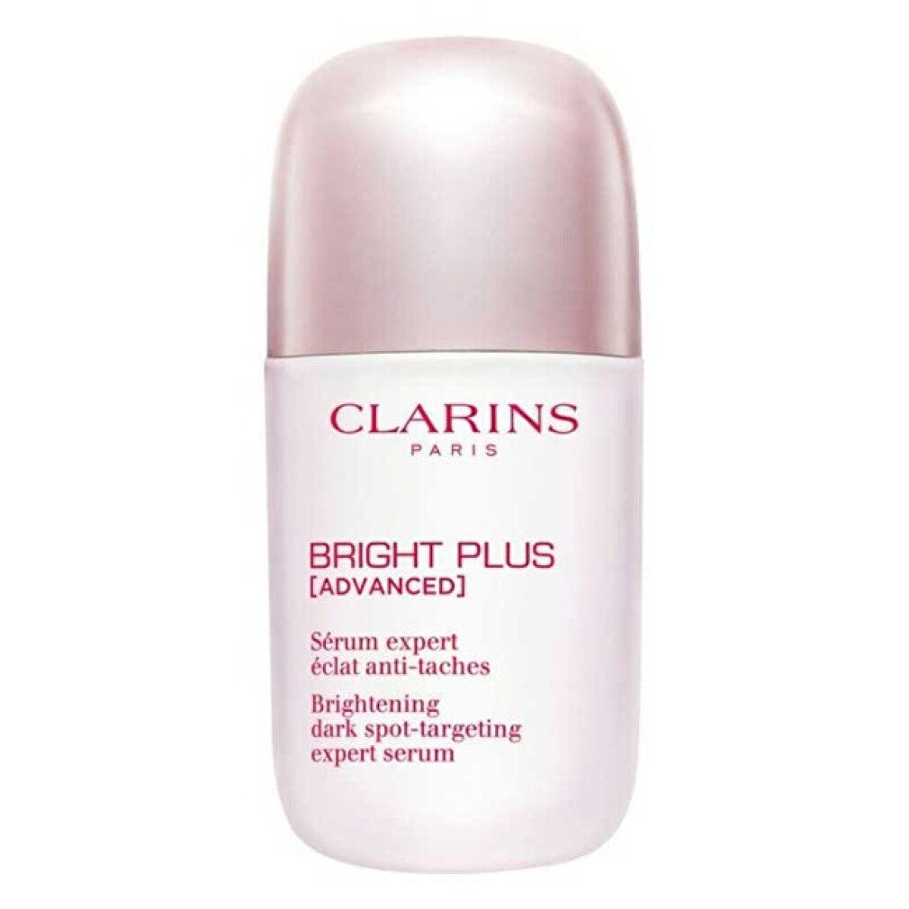 Siero bianco con tappo rosa. Scritta: CLARINS PARIS, BRIGHT PLUS [ADVANCED]. Testo: Sérum expert éclat anti-taches, Brightening dark spot-targeting expert serum.