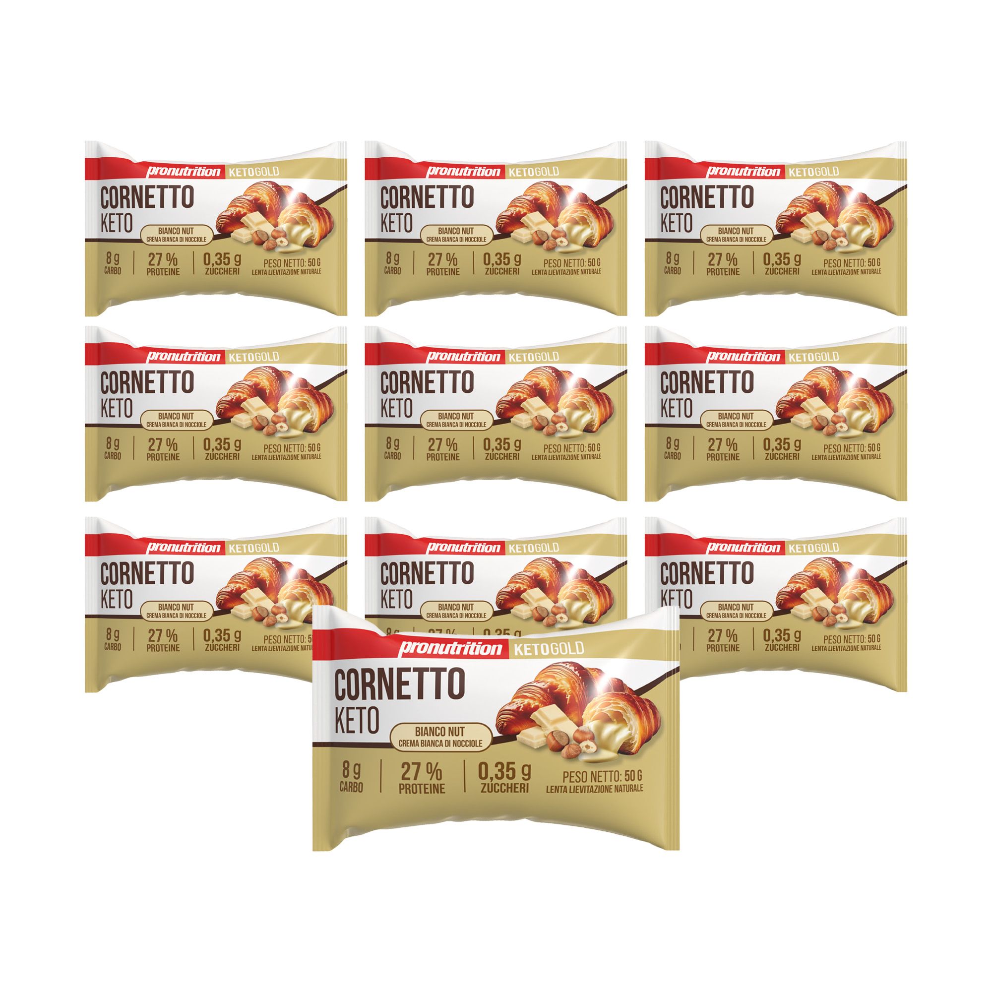 Pronutrition Cornetto Keto - 10 pezzi 50g - Crema bianca nocciole - Basso carboidrati