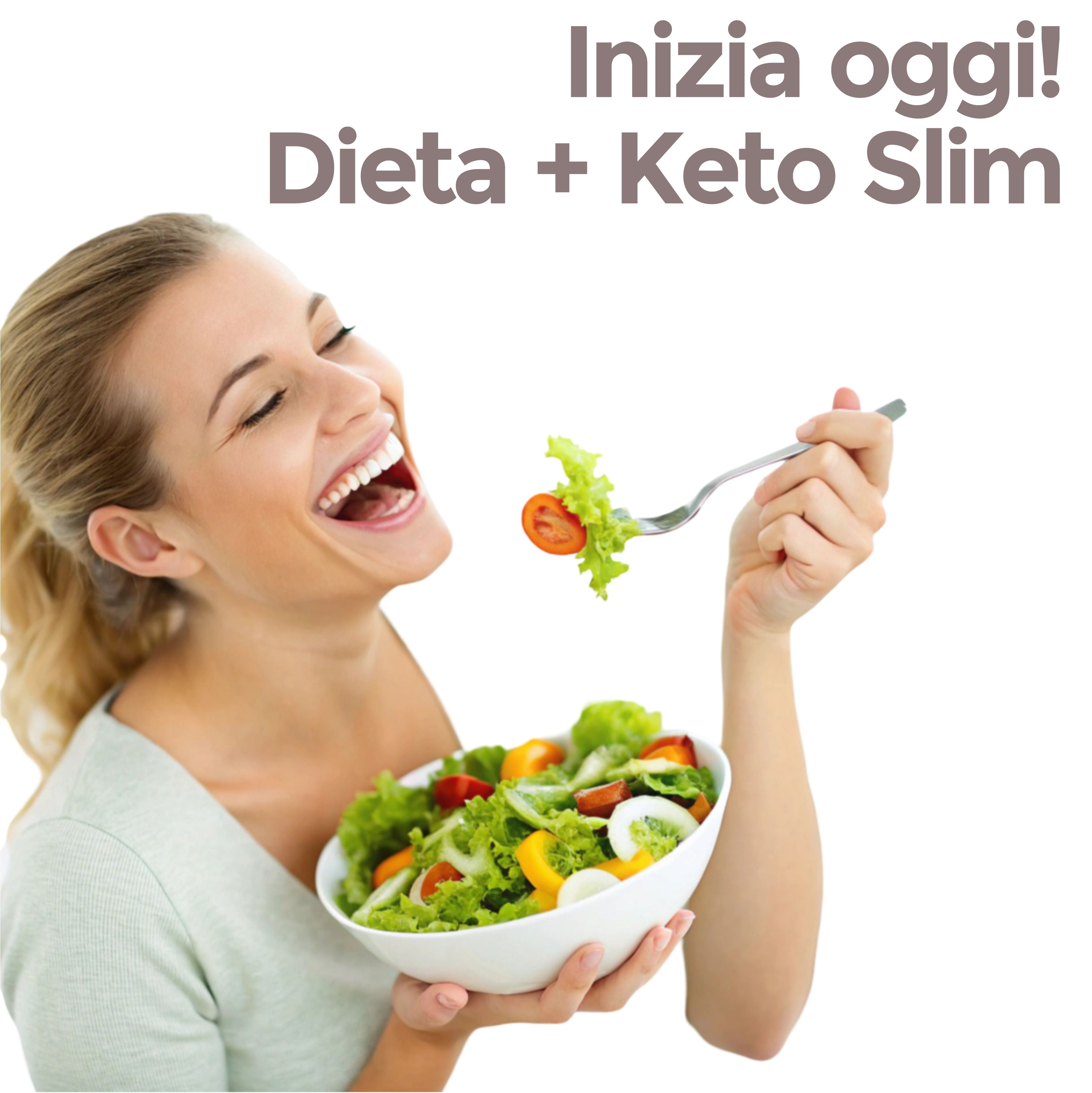 Donna che mangia insalata. Testo: Dieta + Keto Slim.