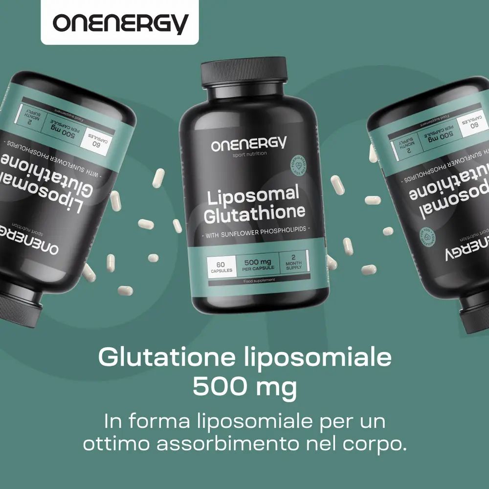 Tre flaconi con capsule. Testo: Glutatione liposomiale 500 mg. Forma liposomiale per un ottimo assorbimento.