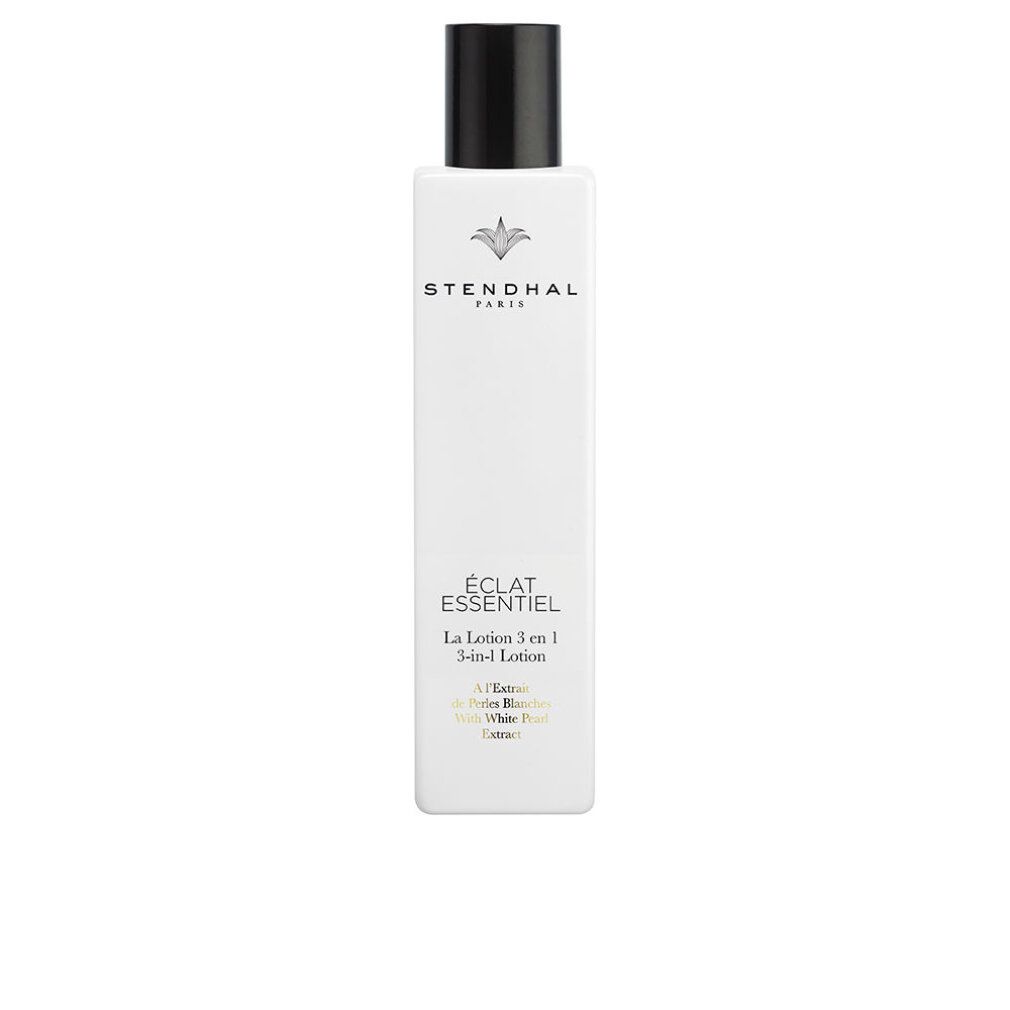 Flacone bianco con tappo nero. Scritta: Stendhal Paris, Éclat Essentiel, La Lotion 3 en 1.