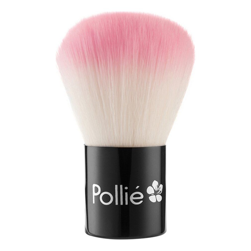 Pennello per cipria con testa rosa e bianca e manico nero. "Pollie" con fiore sul manico.