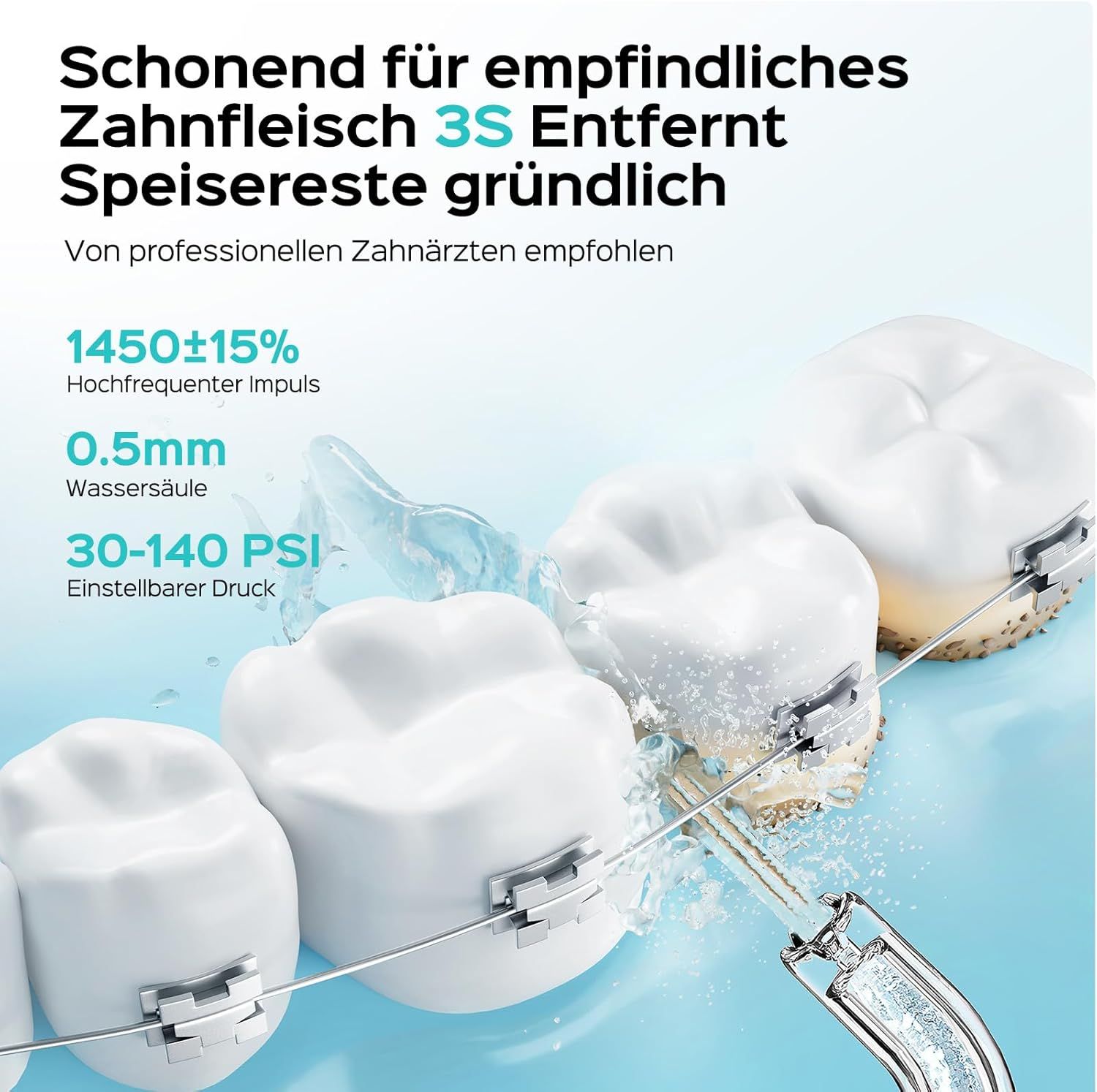 Denti con apparecchio, getto d'acqua. Testo: Impulso ad alta frequenza 1450±15%, colonna d'acqua 0,5 mm, pressione regolabile 30-140 PSI.