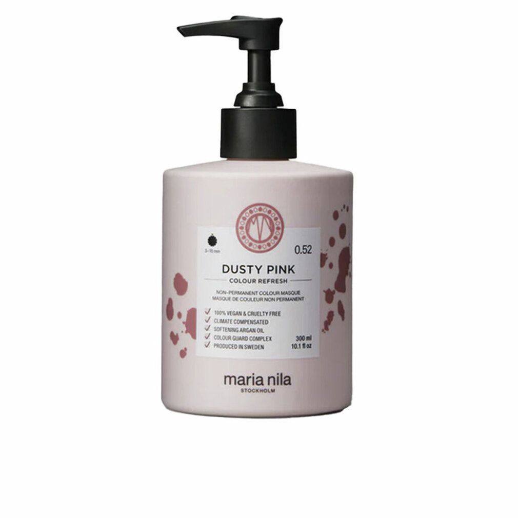 Flacone rosa con dosatore nero. Scritta: Dusty Pink, Maria Nila. Vegano, cruelty-free.