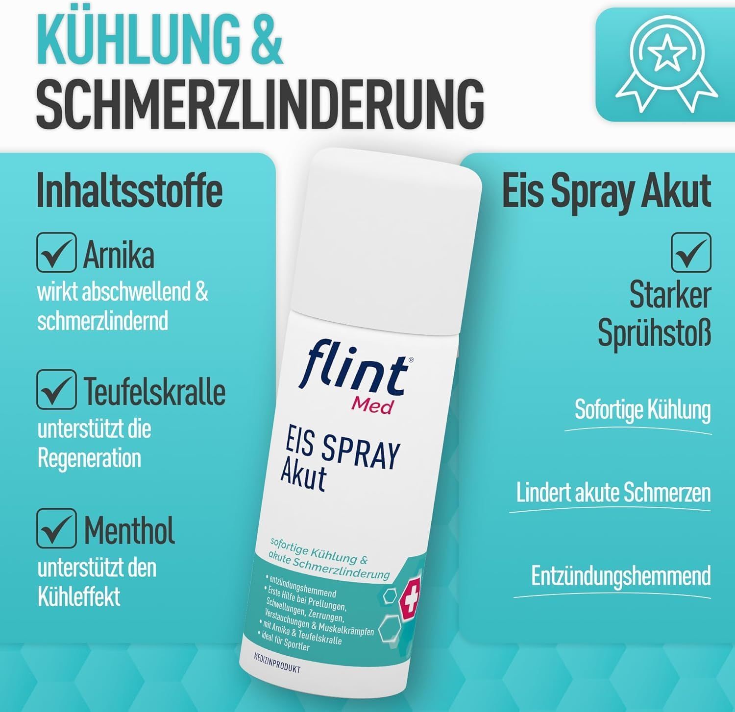 Spray bianco con testo blu: flint Med Eis Spray Akut. Contiene Arnica, artiglio del diavolo e mentolo. Per raffreddamento e sollievo immediati.