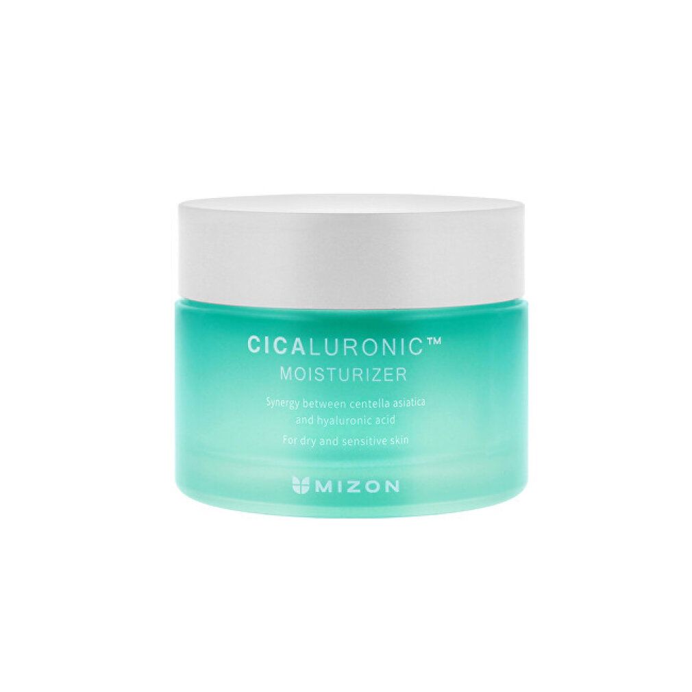 Vasetto turchese con coperchio bianco. Scritta: CICALURONIC MOISTURIZER, logo MIZON. Per pelli secche e sensibili.