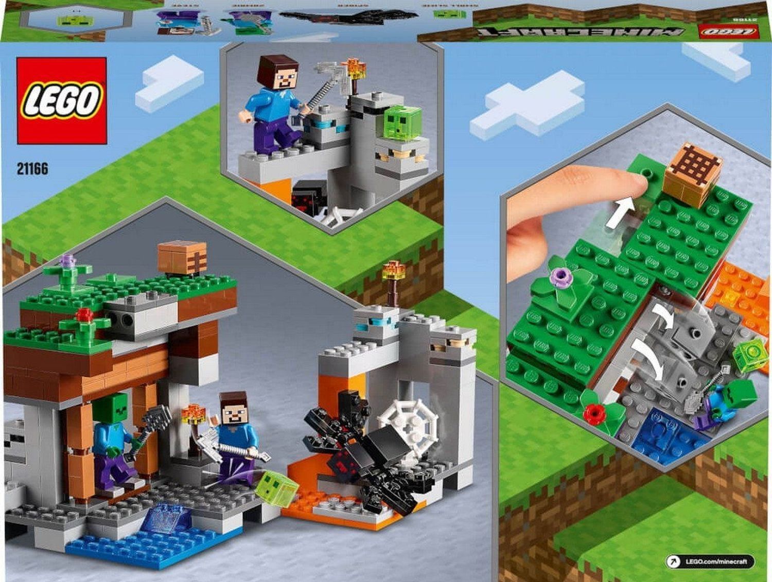 Retro della confezione LEGO Minecraft 21166. Mostra il set con personaggi e miniera in diverse scene.