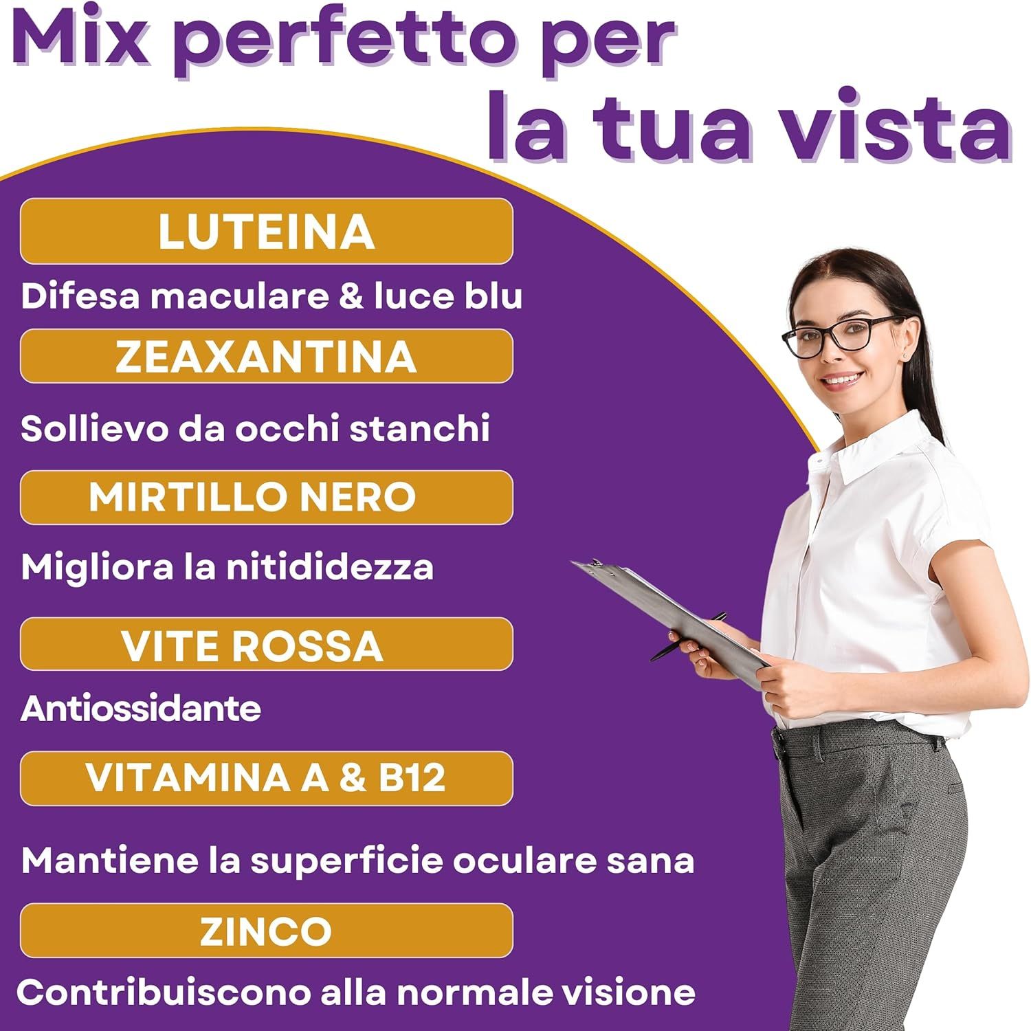 Grafica degli ingredienti per la salute degli occhi: Luteina, Zeaxantina, Mirtillo, Vite rossa, Vitamine, Zinco.